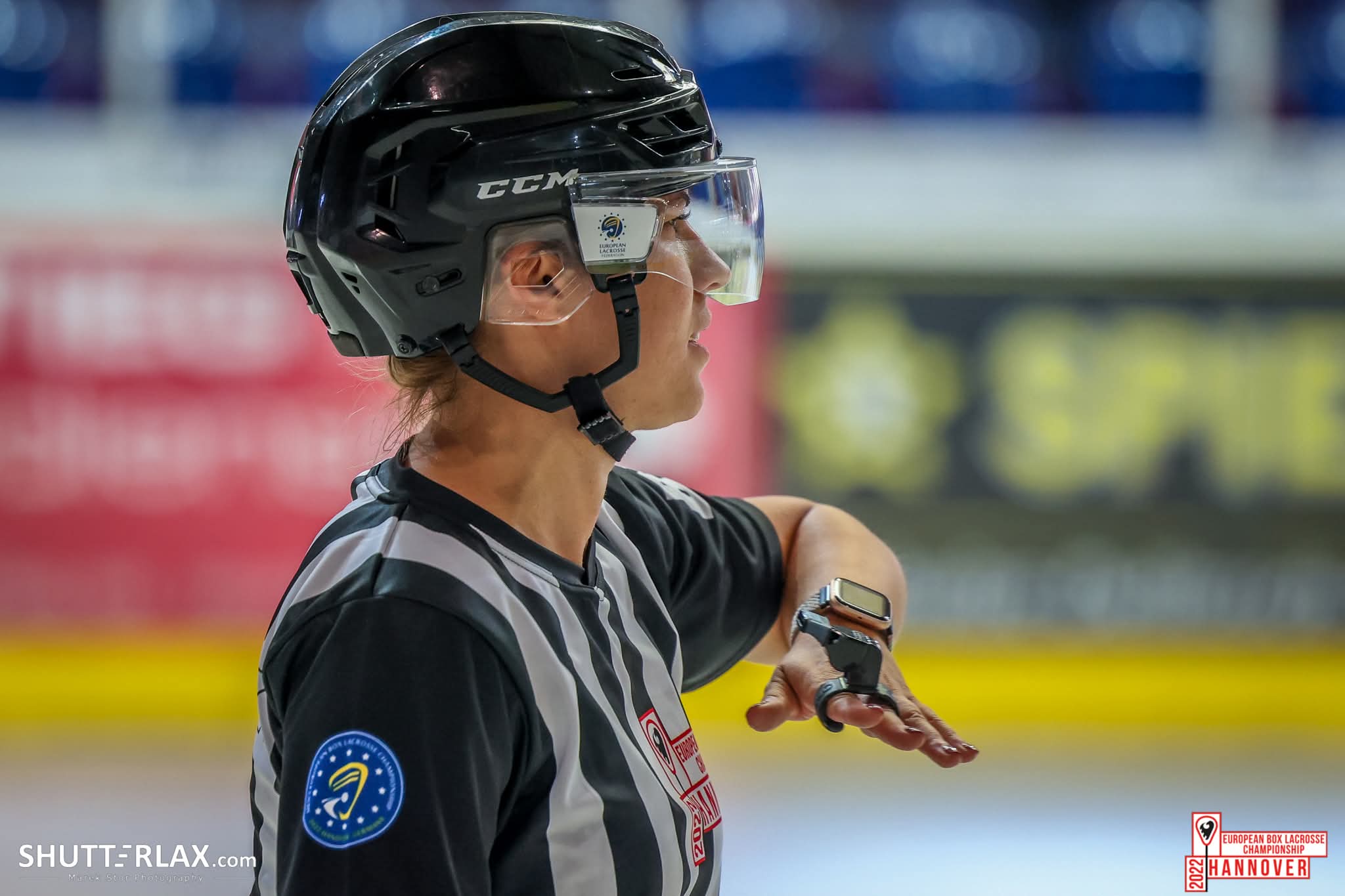 Barbara Zelenay refereeing lacrosse, photo by Shutterlax